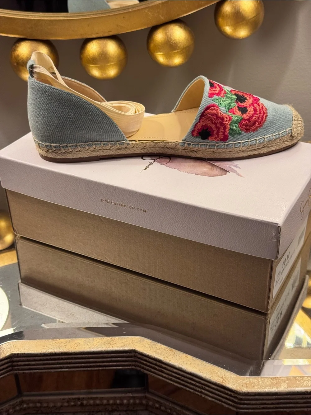 Jessica Simpson Fippo Denim Floral Embroidered Espadrilles - Size 10